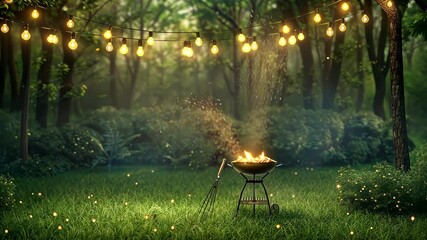 Friends gather around a barbecue in a vibrant forest, enjoying a warm evening filled with laughter and delicious food