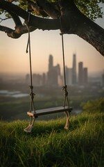 A solitary rope swing hangs from a large tree branch overlooking a hazy cityscape at dawn