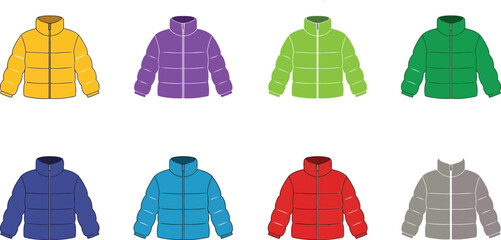 Varied colored puffer coats are displayed with a zipper on a transparent background