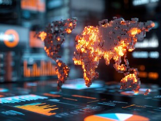World map, glowing, abstract data