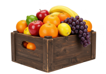 Wooden crate filled with various fresh fruits including apples, bananas, grapes, and oranges isolated on transparent background