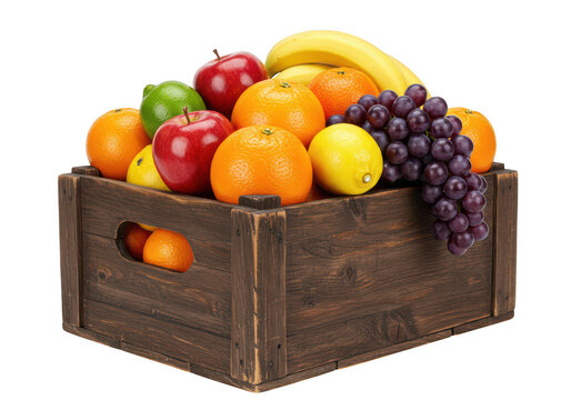 Wooden crate filled with various fresh fruits including apples, bananas, grapes, and oranges isolated on transparent background