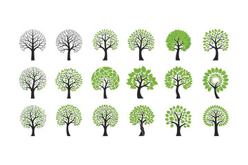 Many varied green tree icons arranged on a white background show nature's diversity