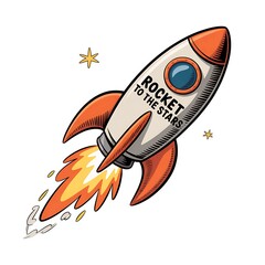 Retro style rocket launching towards a starry cosmos with fiery exhaust