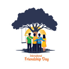 Four friends stand embracing beneath a large tree with a swing, celebrating together on a hill