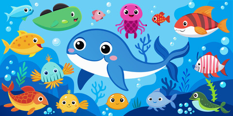 Seamless pattern of cartoon marine animals, including a starfish, shark, and dolphin in the water