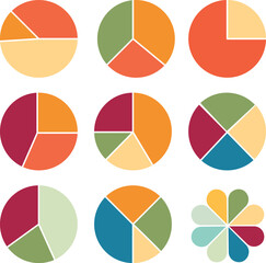 Colorful infographic pie charts with various sections representing data