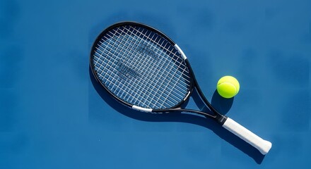 Overhead shot of a tennis racket and a yellow tennis ball resting on a blue surface.