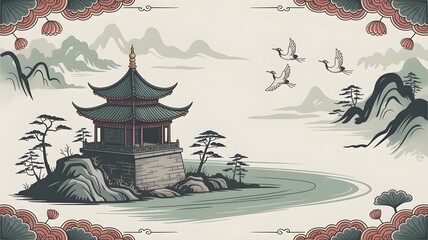 A serene Asian landscape featuring a traditional pagoda, flying cranes, and stylized mountains, reflecting classical art.