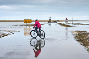 woman with bicycle watching a car, crossng the flooded Causeway to Holy Island , Northumbri, England, UK