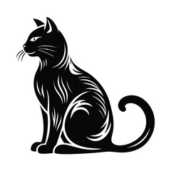 Stylized Sitting Cat Silhouette with Curled Tail and Closed Eyes