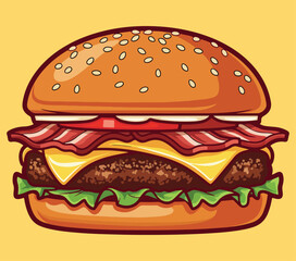 A vector illustration of a bacon cheeseburger with lettuce tomato and sesame seeds.
