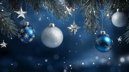 Fototapeta premium Festive Christmas tree adorned with charming blue ornaments.