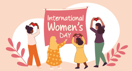 Fototapeta premium International Women's Day: Diverse Women Forming Hearts, Flat Design, Celebratory Mood