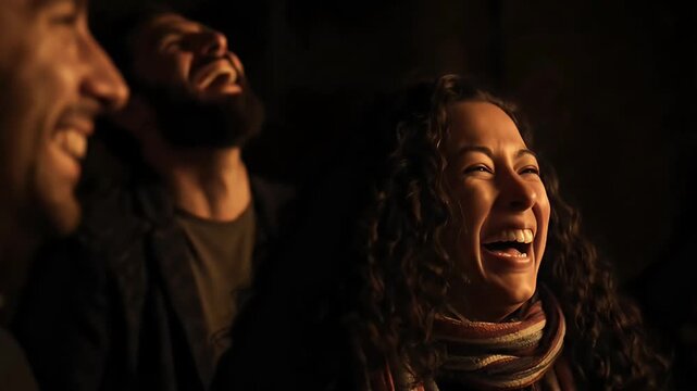 Joyful friends laughing out loud together in a warm dimly lit environment enjoying a happy candid moment with authentic smiles and good company