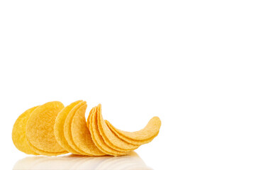 Crispy potato chips isolated on white background, close-up.