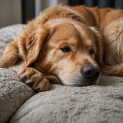 Golden retriever dog resting comfortably on a cozy blanket in a serene indoor setting during the afternoon