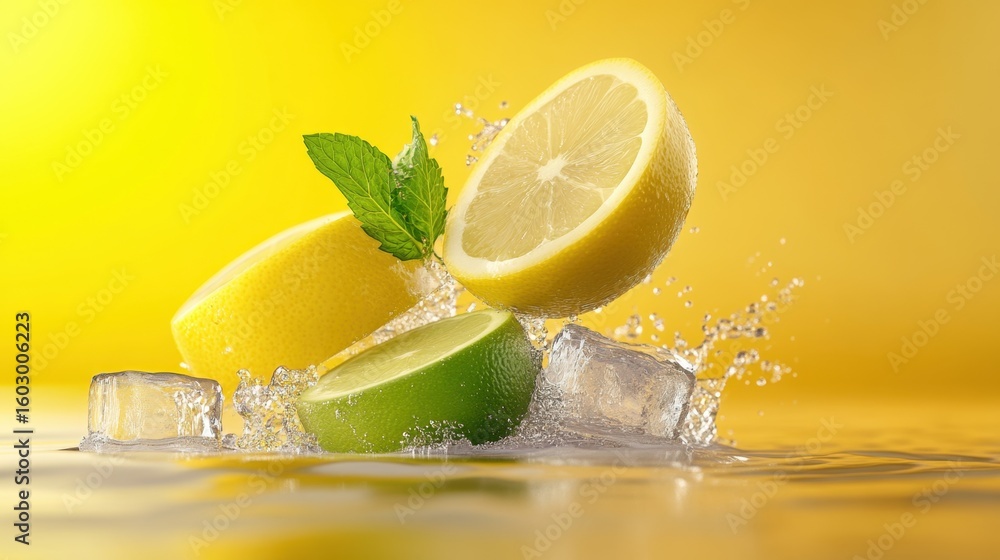Poster sliced lemon and lime with splashing water and ice cubes on yellow background