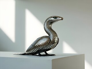 A striking metallic sculpture of a bird-like creature with reptilian scales and green eyes.