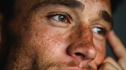 Obraz premium Young man examining his skin in the bathroom mirror with focus on imperfections
