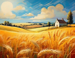 peaceful summer countryside with golden wheat fields blue sky and a small farmhouse in the distance soft sunlight oil painting style