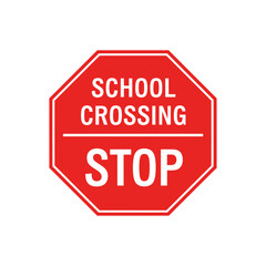 A red stop sign for a school crossing with a white border on a white background in a square format