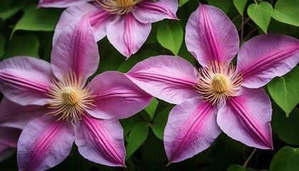 a close up of vibrant pink clematis flowers with creamy yellow centers surrounded by lush green leaves