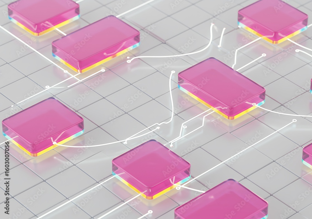 Poster abstract network of interconnected translucent pink blocks, showcasing data flow and digital connect