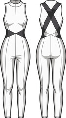 Cad drawing flat vector illustration of sleeveless jumpsuit template with high neck, diagonal stripe detail, front and back view