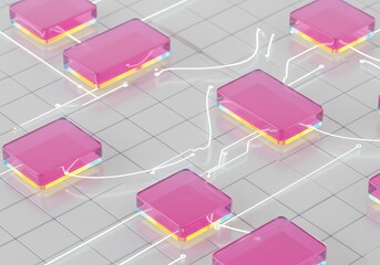 Abstract network of interconnected translucent pink blocks, showcasing data flow and digital connectivity.