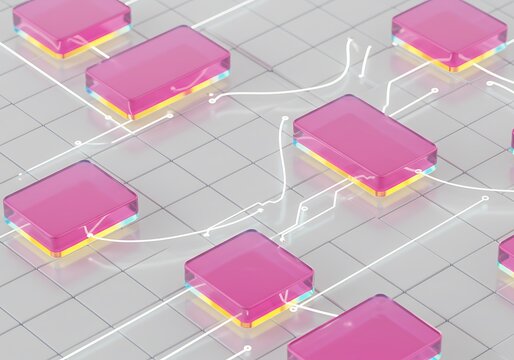 Abstract network of interconnected translucent pink blocks, showcasing data flow and digital connectivity.