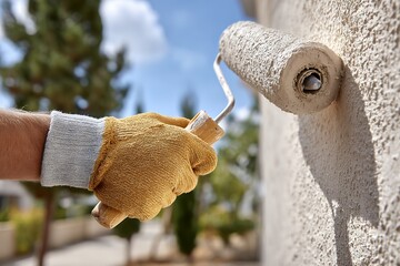 Male hand painting exterior wall with roller and yellow glove on a sunny day