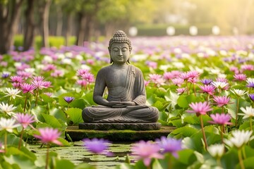 Buddha statue in the garden with lotus flowers