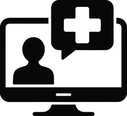 Online Medical Consultation or Telemedicine Icon Vector. Virtual Doctor Visit on Computer Screen with Cross