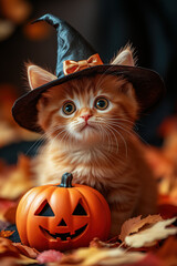 Naklejka premium Fluffy cute red kitten wearing witch hat with carved pumpkin jack o lantern against background of orange autumn leaves. Halloween decorations, festive autumn atmosphere. Vertical banner, copy space