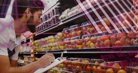 Produce inspector checking fruit packs in produce aisle, with clipboard pen, copy space