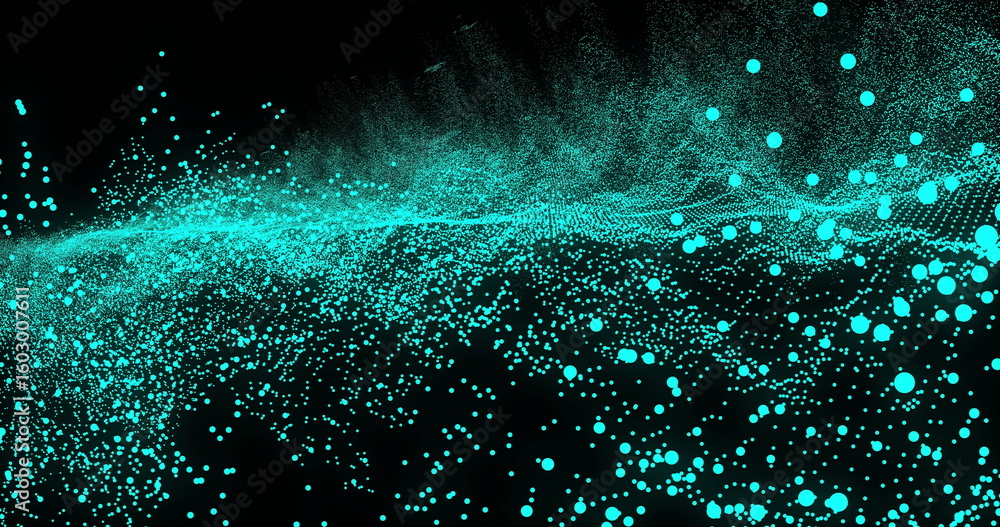 Poster flowing teal spherical particles wave creating motion against black background with digital art