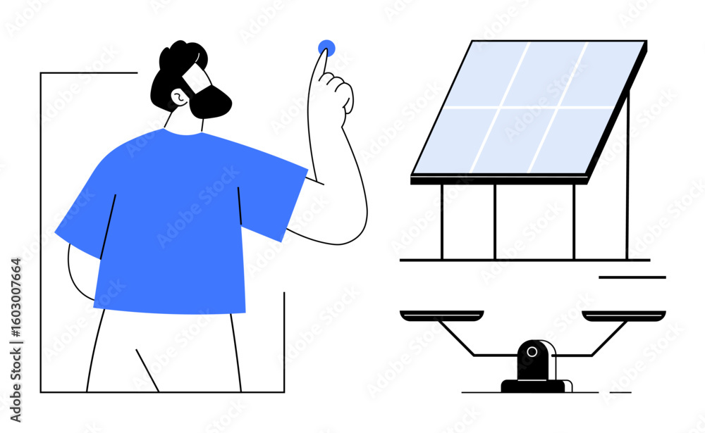 Poster man pointing at conceptual idea, solar panel representing renewable energy, and balanced scale symbo