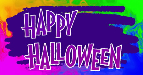 Displaying HAPPY HALLOWEEN text glowing over purple brushstroke in graphic art, with neon gradient