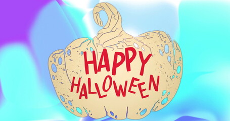 Featuring stylized beige pumpkin sitting center of purple cyan gradient, with red HAPPY HALLOWEEN