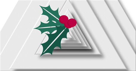 Highlighting holly branch showing two green leaves, three red berries in design studio with frames