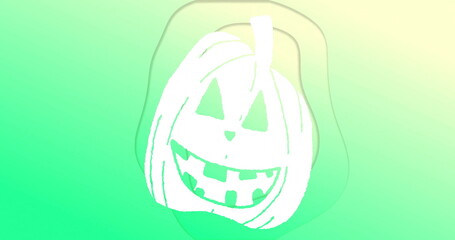 White jack-o'-lantern face floating in digital canvas, with gradient and translucent green blob