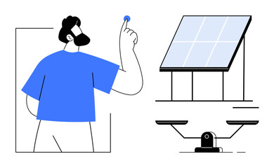 Man pointing at conceptual idea, solar panel representing renewable energy, and balanced scale symbolizing fairness. Ideal for sustainability, energy reform, eco-awareness, justice, decision-making