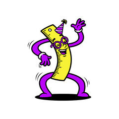 Cartoon ruler character with purple limbs wearing a party hat and glasses dancing with a smile on its face