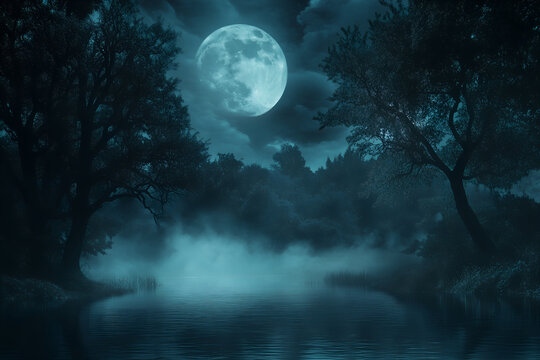 Mysterious enchanting landscape, river illuminated by moonlight on full moon. Mysterious trees grow along riverbank, mystical atmosphere. Background, banner or backdrop for Halloween, enigmatic themes