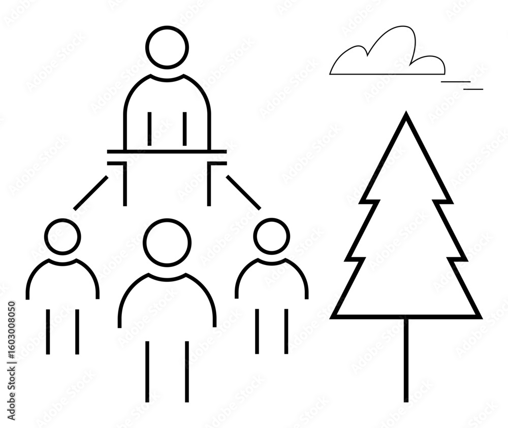 Poster three figures connected to a leader figure via lines next to a tree and cloud. ideal for teamwork, l