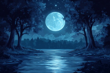 Naklejka premium Mysterious enchanting landscape, river illuminated by moonlight on full moon. Mysterious trees grow along riverbank, mystical atmosphere. Background, banner or backdrop for Halloween, enigmatic themes