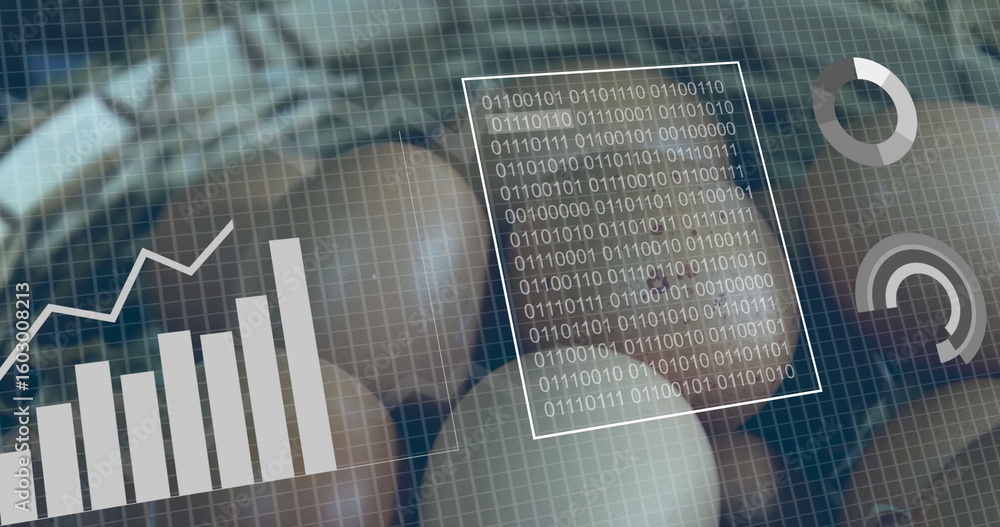 Poster displaying bar chart trend line, binary code panel and circular gauges on interface grid overlay