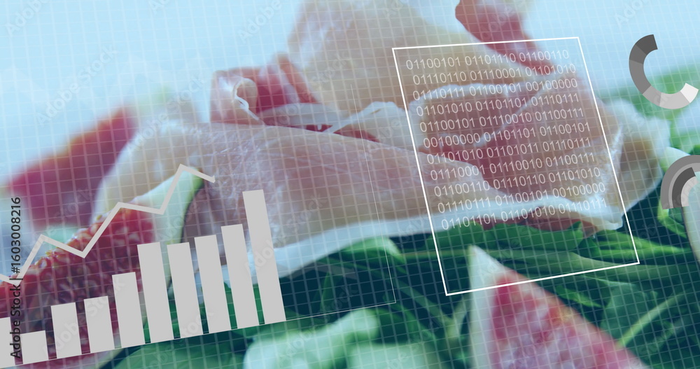 Poster blending watermelon slices over digital grid montage with bar line chart, binary code, gauges