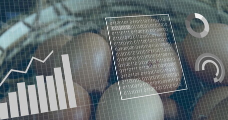 Displaying bar chart trend line, binary code panel and circular gauges on interface grid overlay